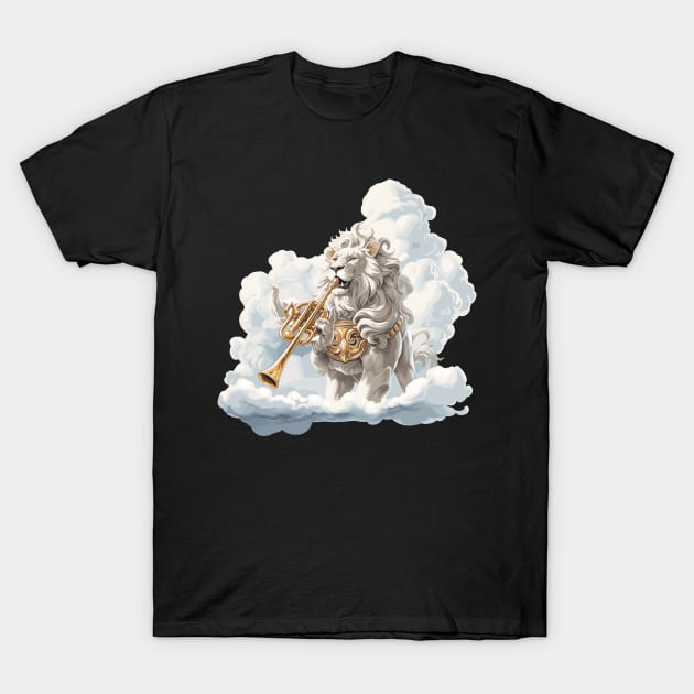 Lion With A Trumpet In the Clouds T-Shirt by Graceful Designs